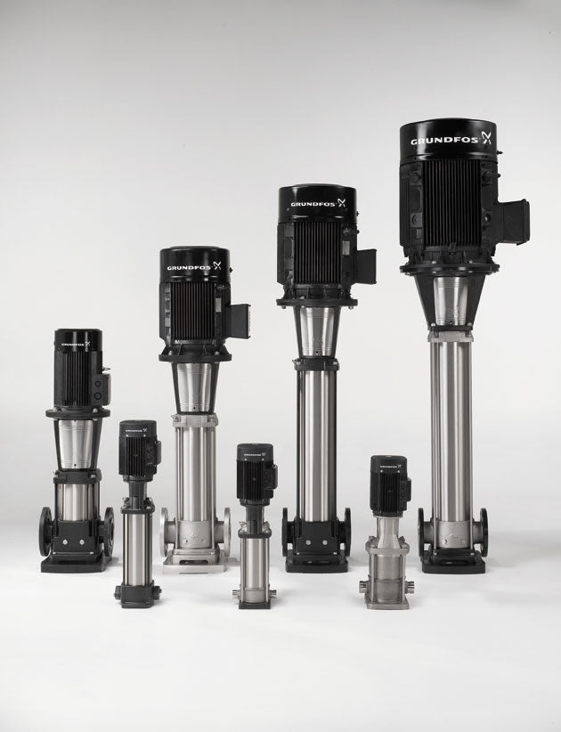 7 Grundfos "CR" multistage centrifugal pumps on White Background