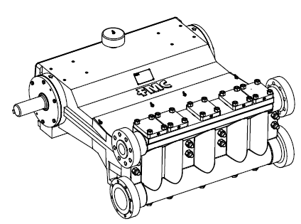 TechnipFMC Q16 Series Piston Bean Pump, Schematic Drawing, Side View on White Background