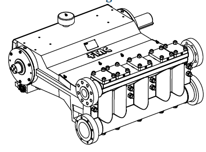 TechnipFMC Q18 Series Piston Bean Pump, Schematic Drawing, Side View on White Background