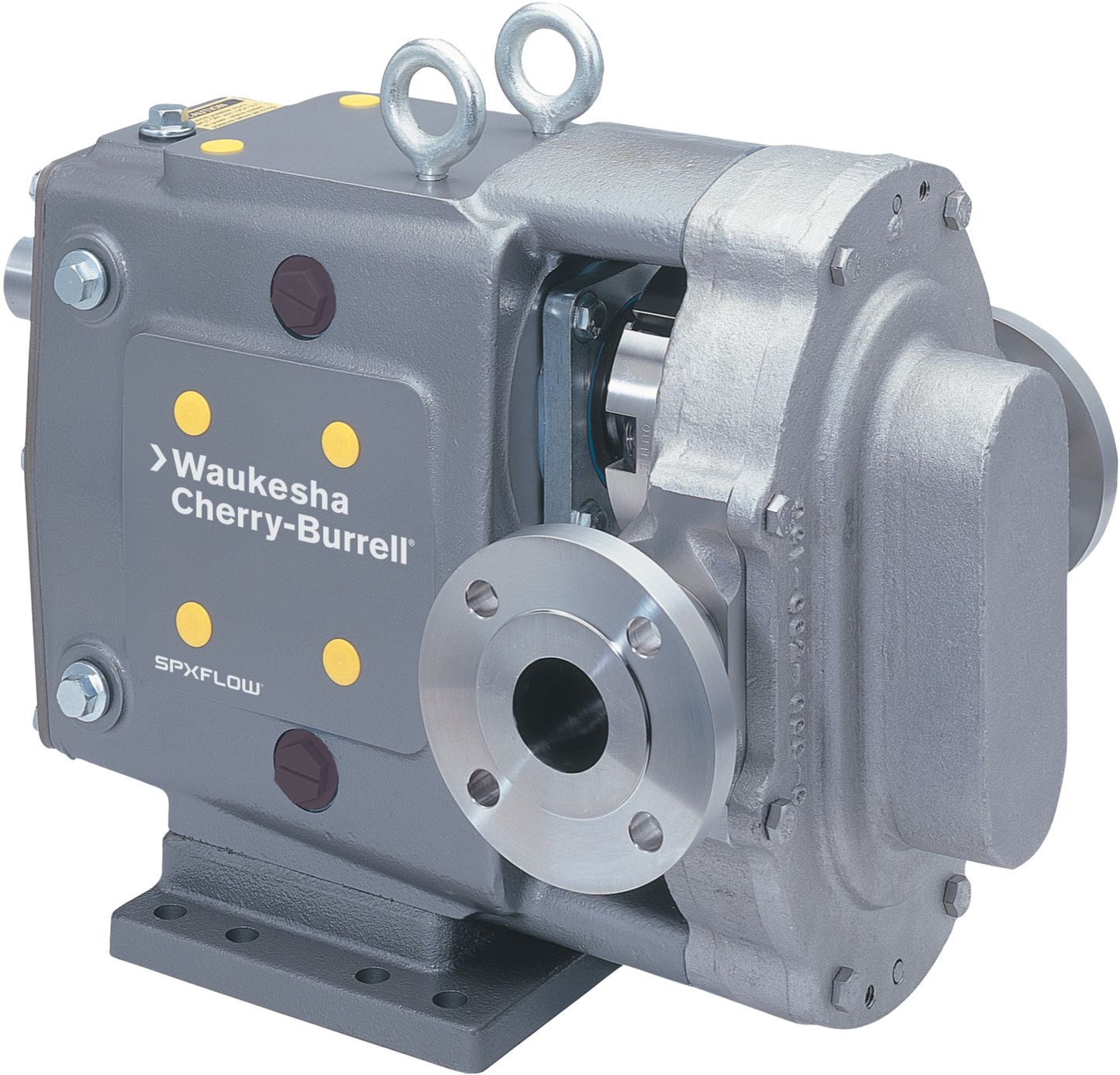 SPXFlow Waukesha Cherry-Burrell 5000 Series Industrial PD Pump, Silver and Dark Grey Colour, Transparent Background