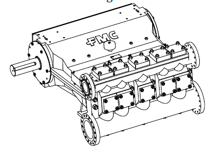 TechnipFMC Q28 Series Piston Bean Pump, Schematic Drawing, Side View on White Background